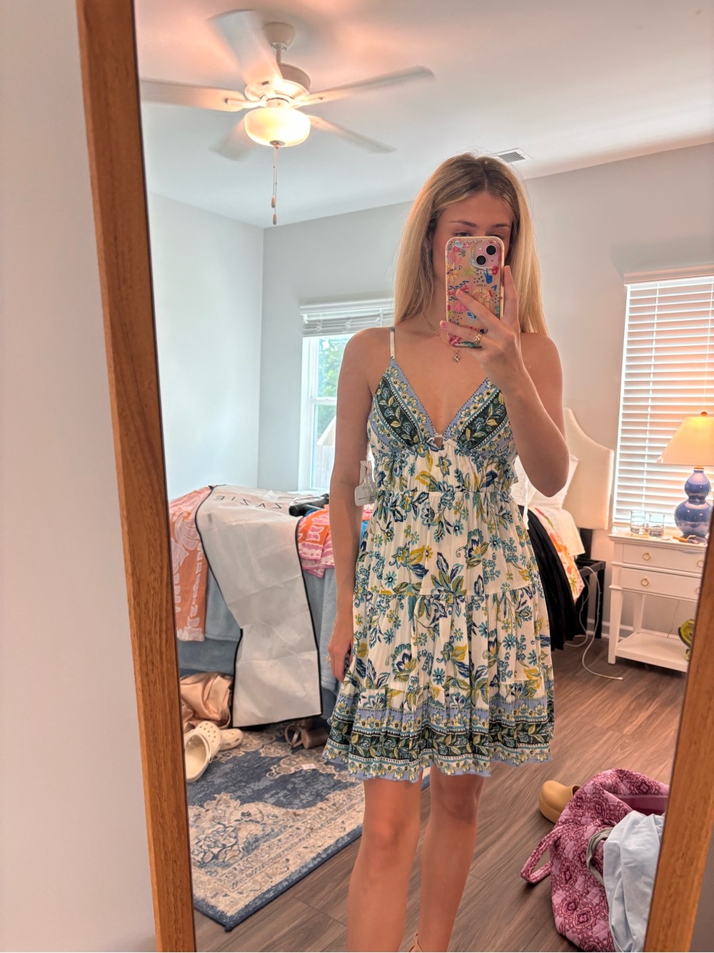 Angie White Floral V-Neck Spaghetti Strap Mini Dress - Picture 2 of 2